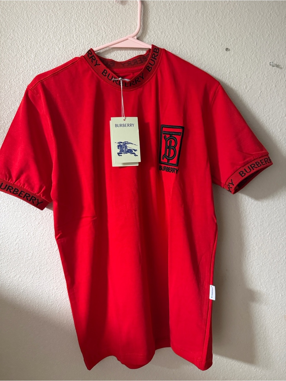 Burberry Red Short-Sleeve Logo Trim Men’s Tee - Picture 2 of 6